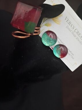 Green & Red Resin Stud Earrings
